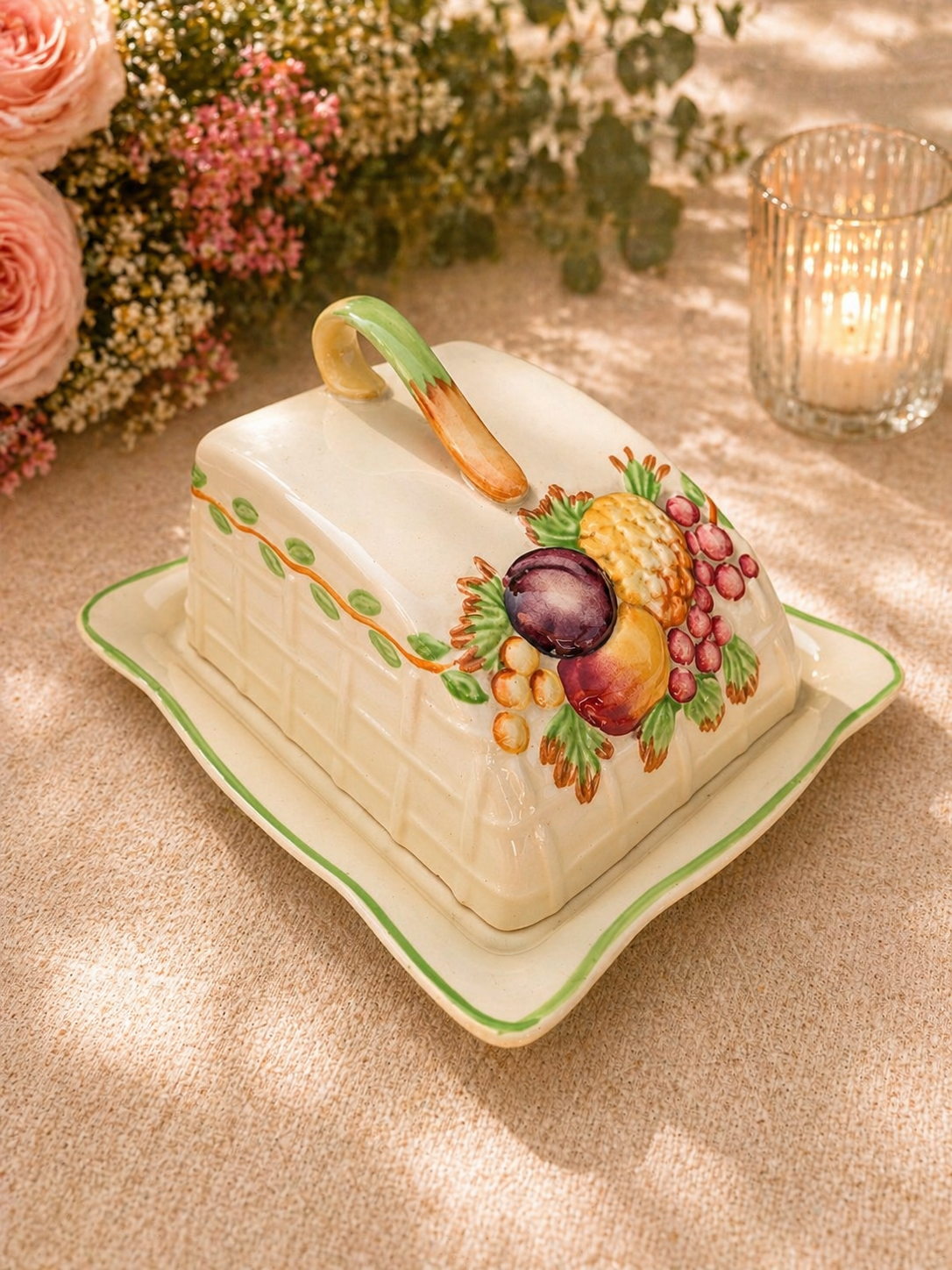 Vintage Fruit Design Ceramic Butter Dish