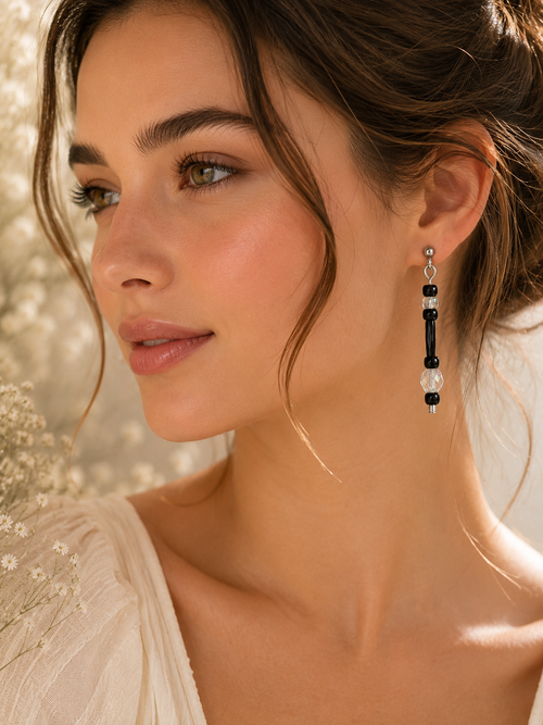 925 Silver Black Crystal Long Drop Earrings