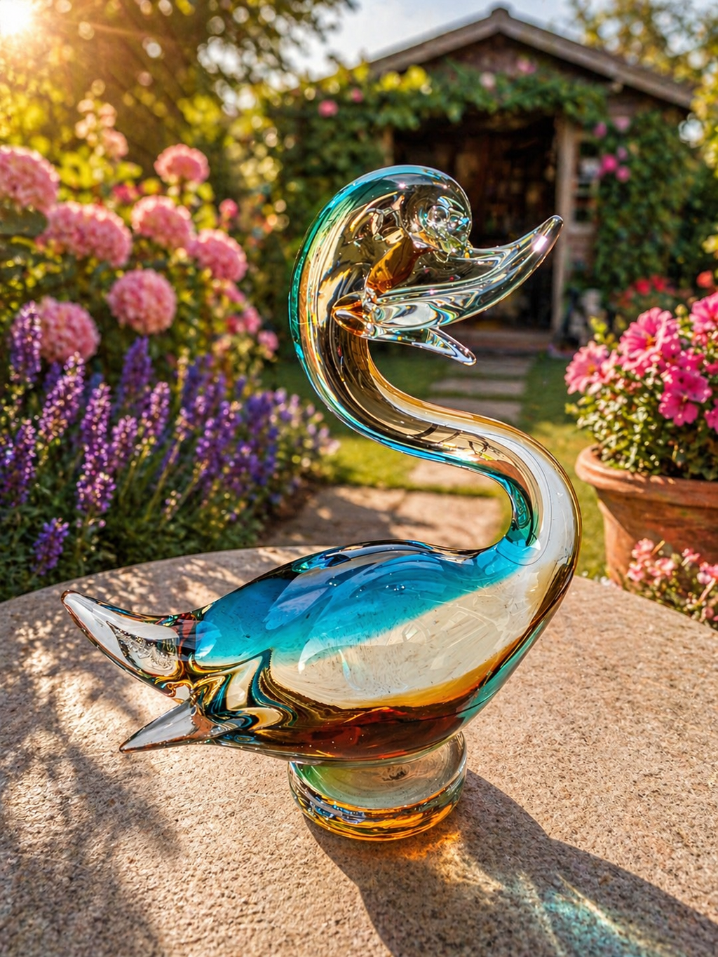 Murano Turquoise and Amber Art Glass Duck Figurine