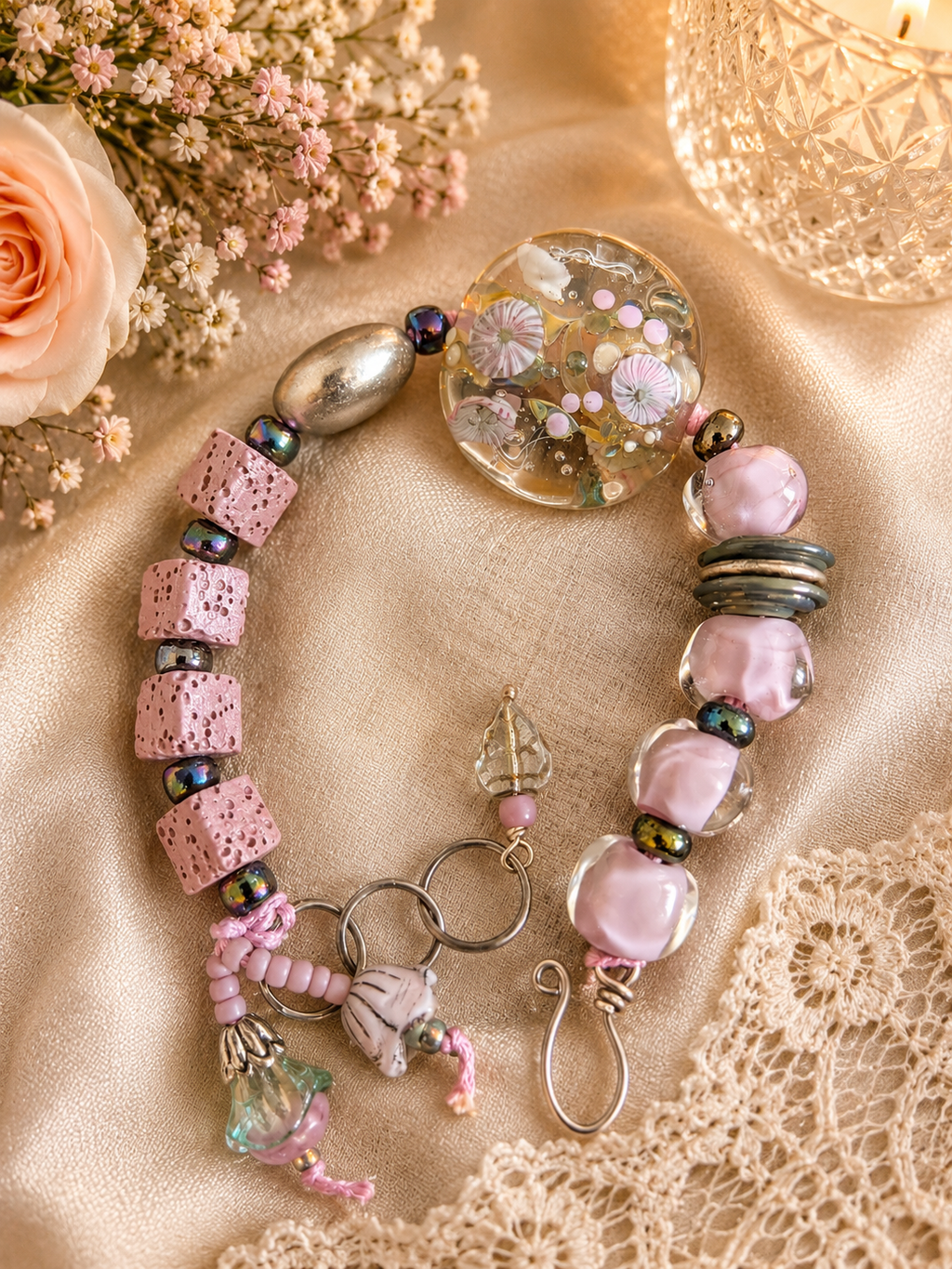 Artisan Glass Disc Bracelet Pastel Floral