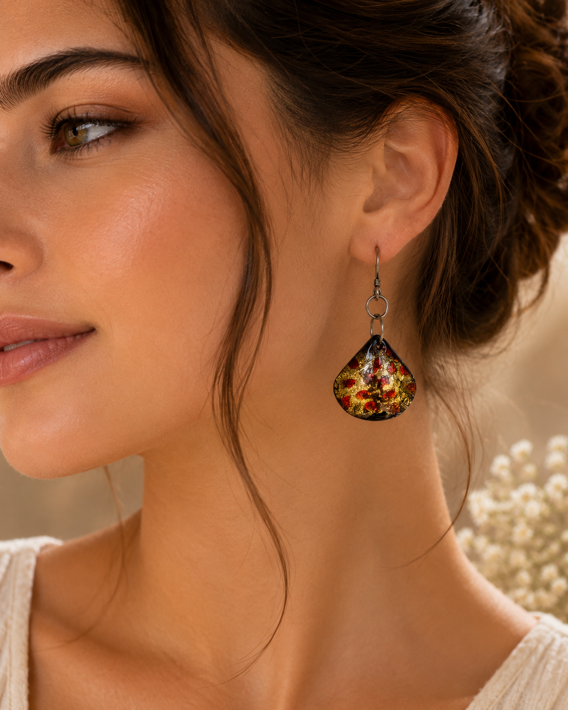 925 Silver Murano Red Gold Glass Teardrop Earrings