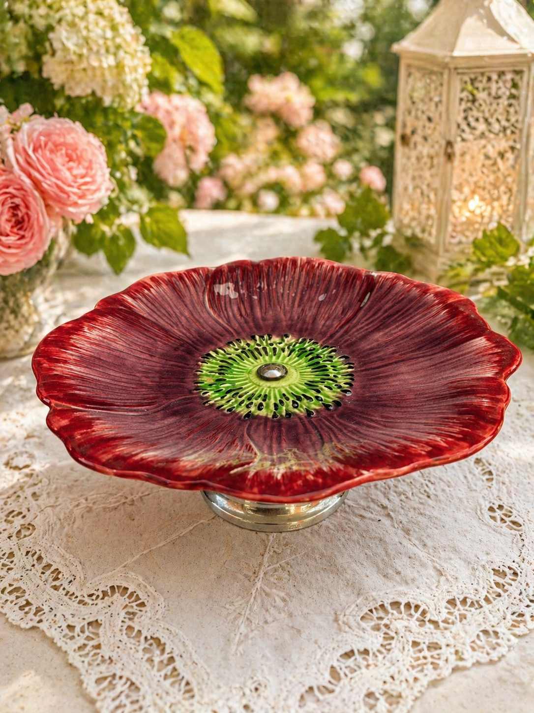 Vintage Pansy Flower Pedestal Dish