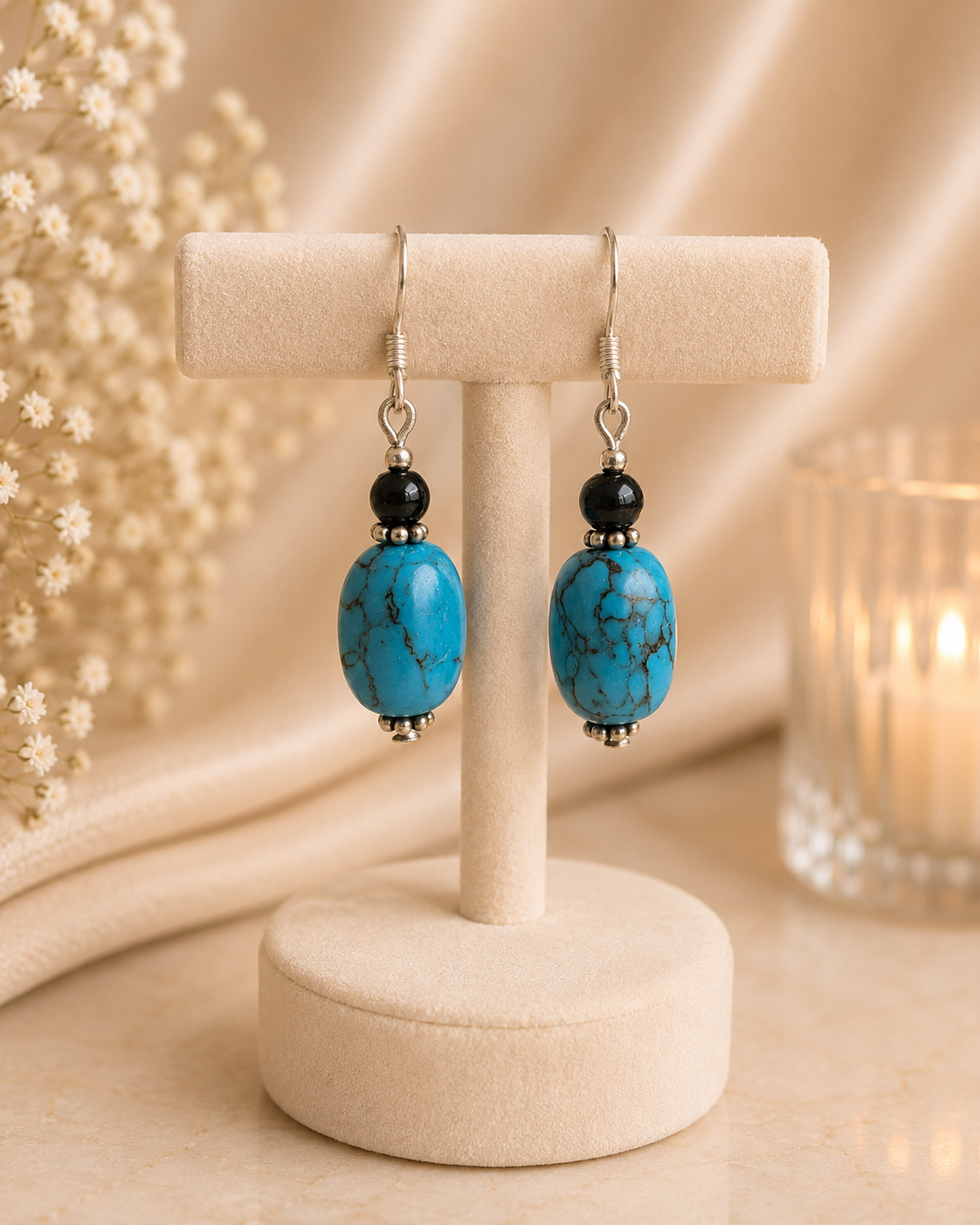 925 Silver Turquoise and Black Bead Drop Earrings