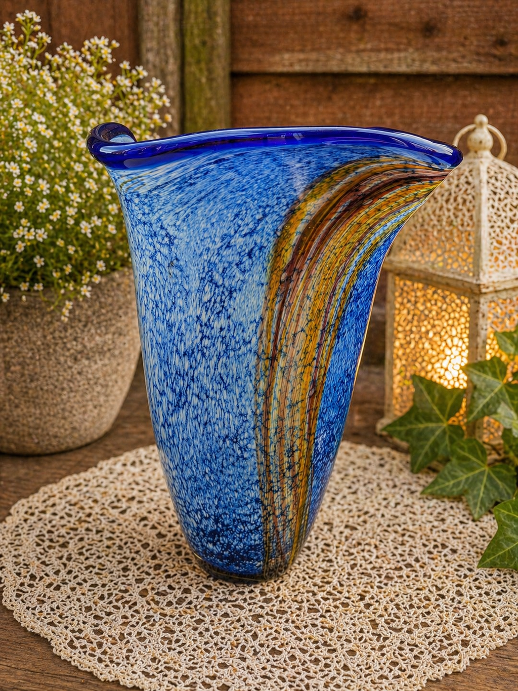 Murano Style Large Blue Speckled Art Glass Vase