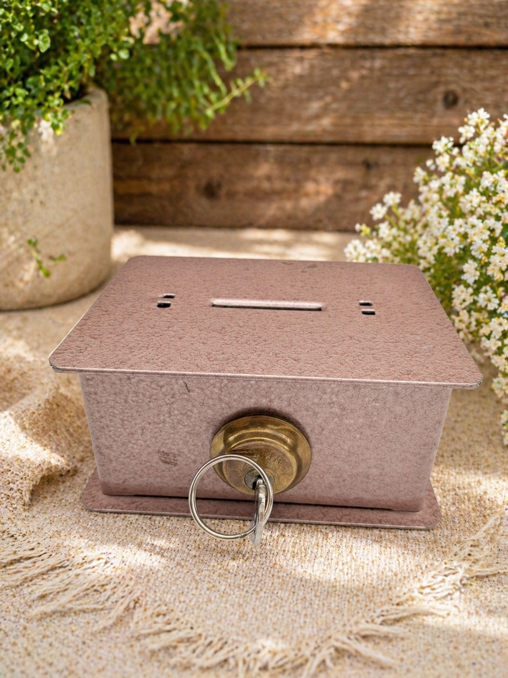 Vintage Pink Metal Cash Box with Key