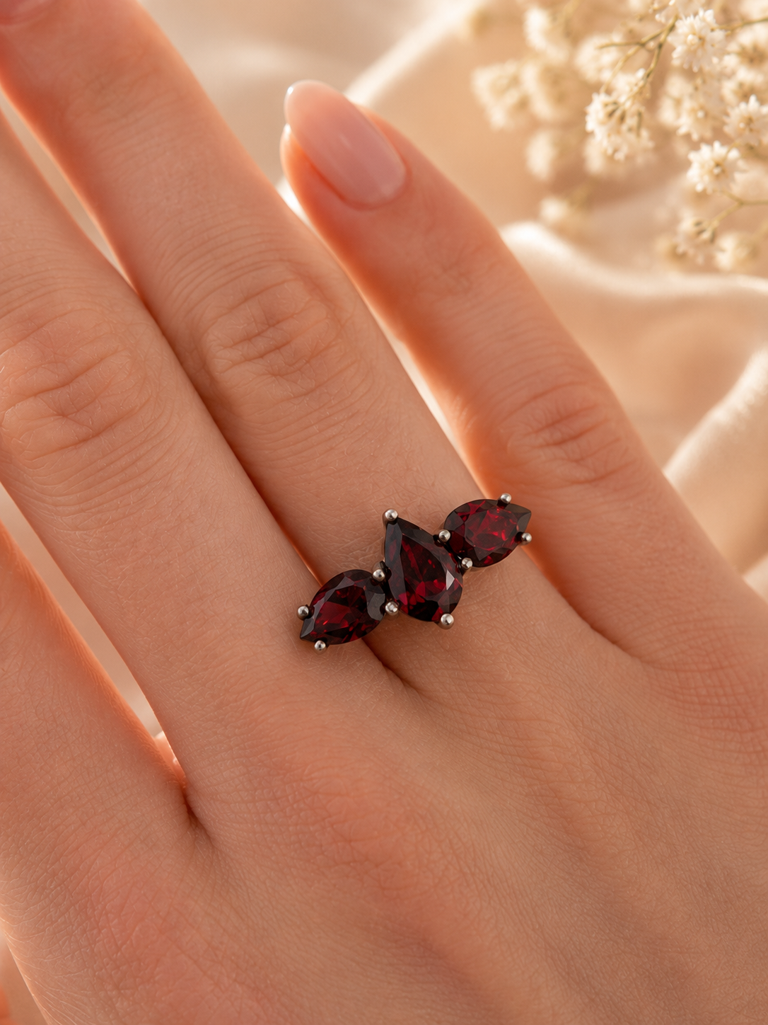 Sterling Silver Garnet Three Stone Ring Size N