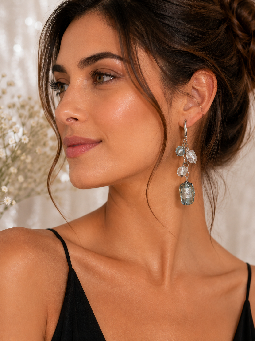925 Silver Murano Blue Glass Bead Charm Drop Earrings