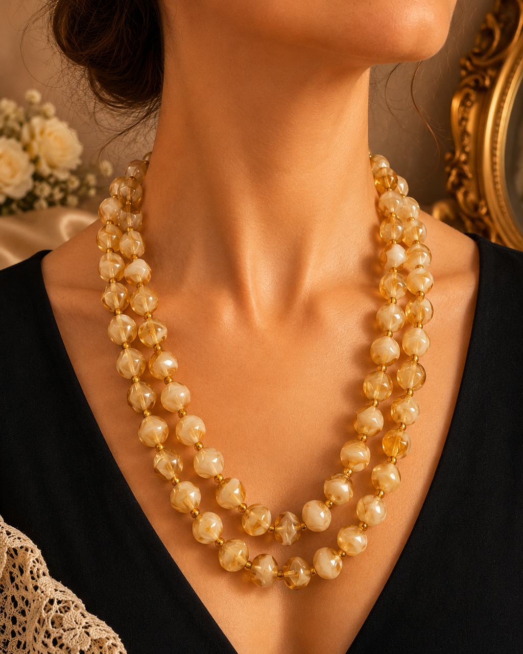 Cream Marbled Double Strand Bead Necklace