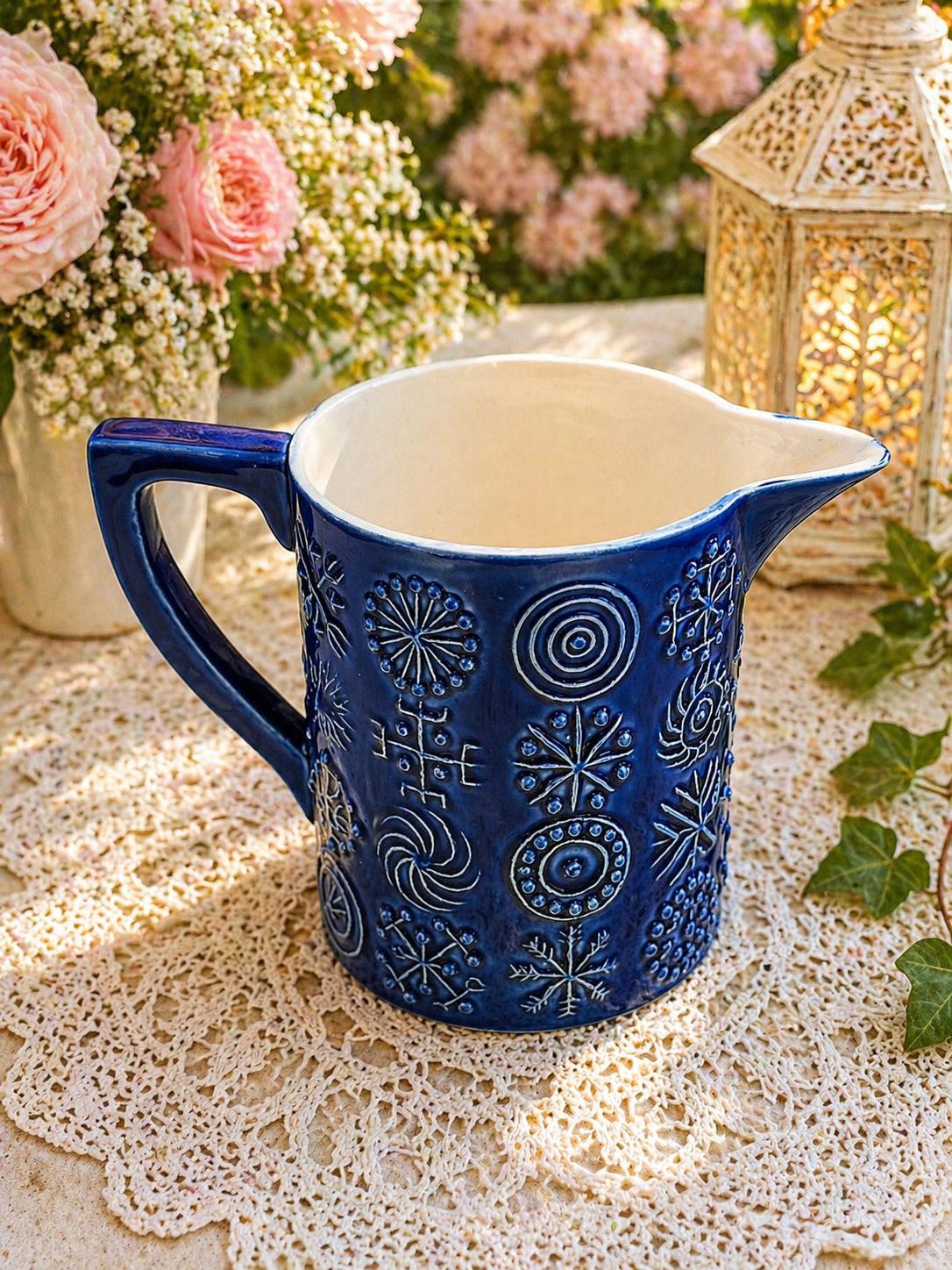 Portmerion Cobalt Blue Relief Pattern Ceramic Jug
