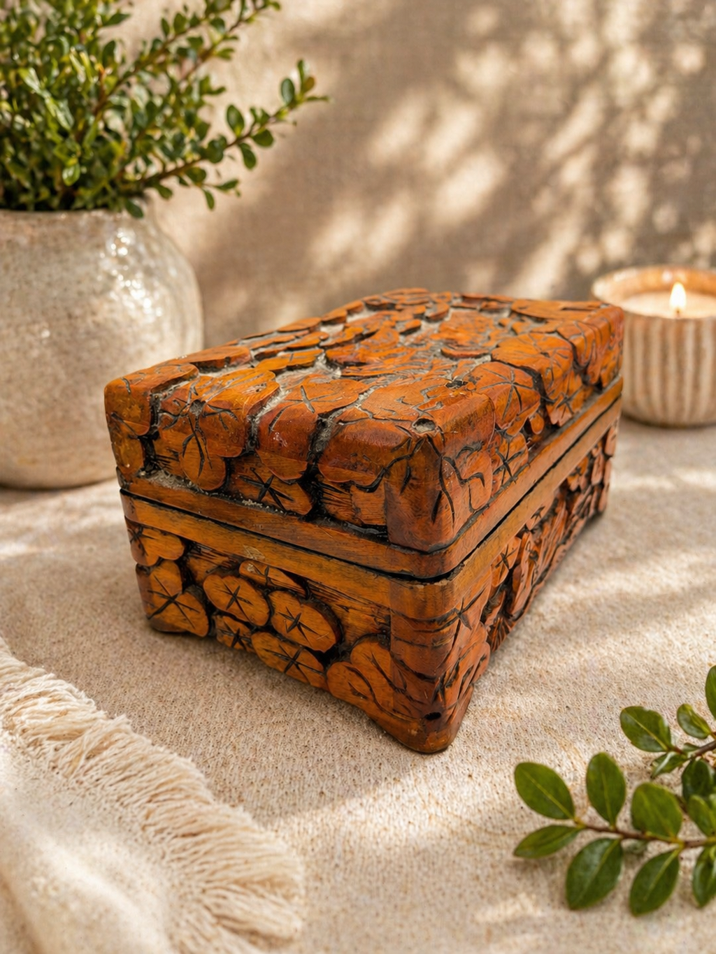 Vintage Oriental Carved Wooden Trinket Jewellery Box