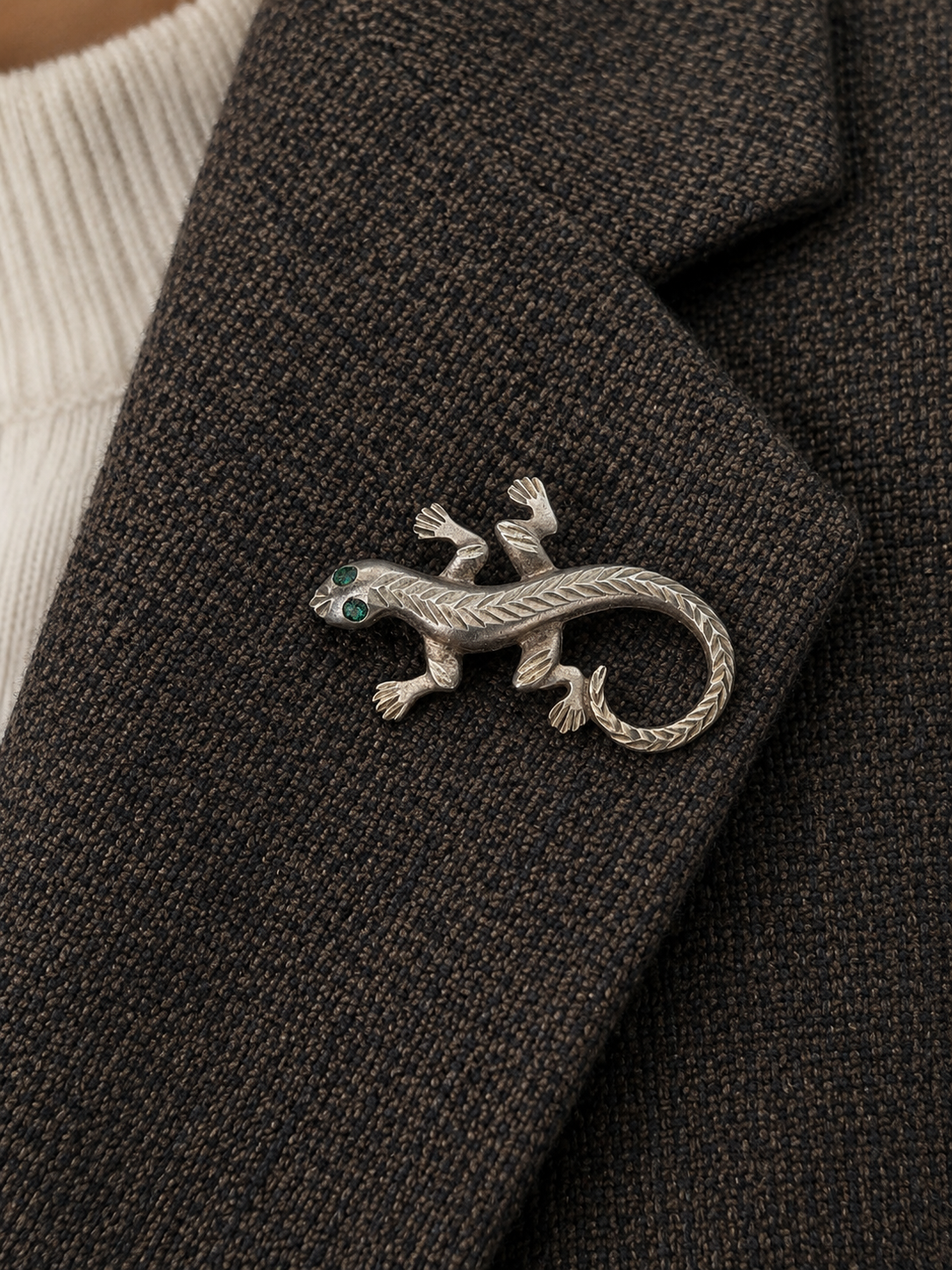 Sterling Silver Lizard Brooch with Green Stone Eyes