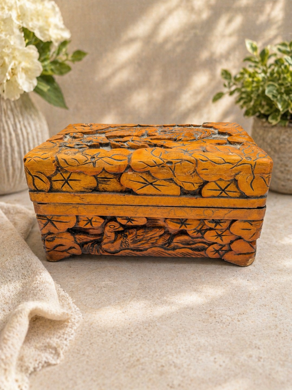 Vintage Oriental Carved Wooden Trinket Jewellery Box