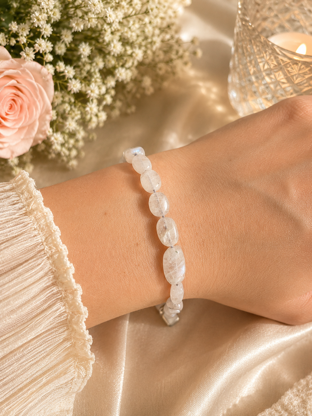 Moonstone Bead Bracelet with Sterling Silver Clasp