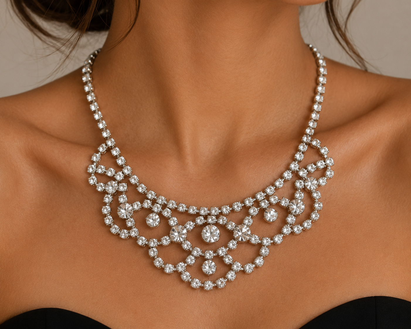 Silver Tone Rhinestone Bib Necklace