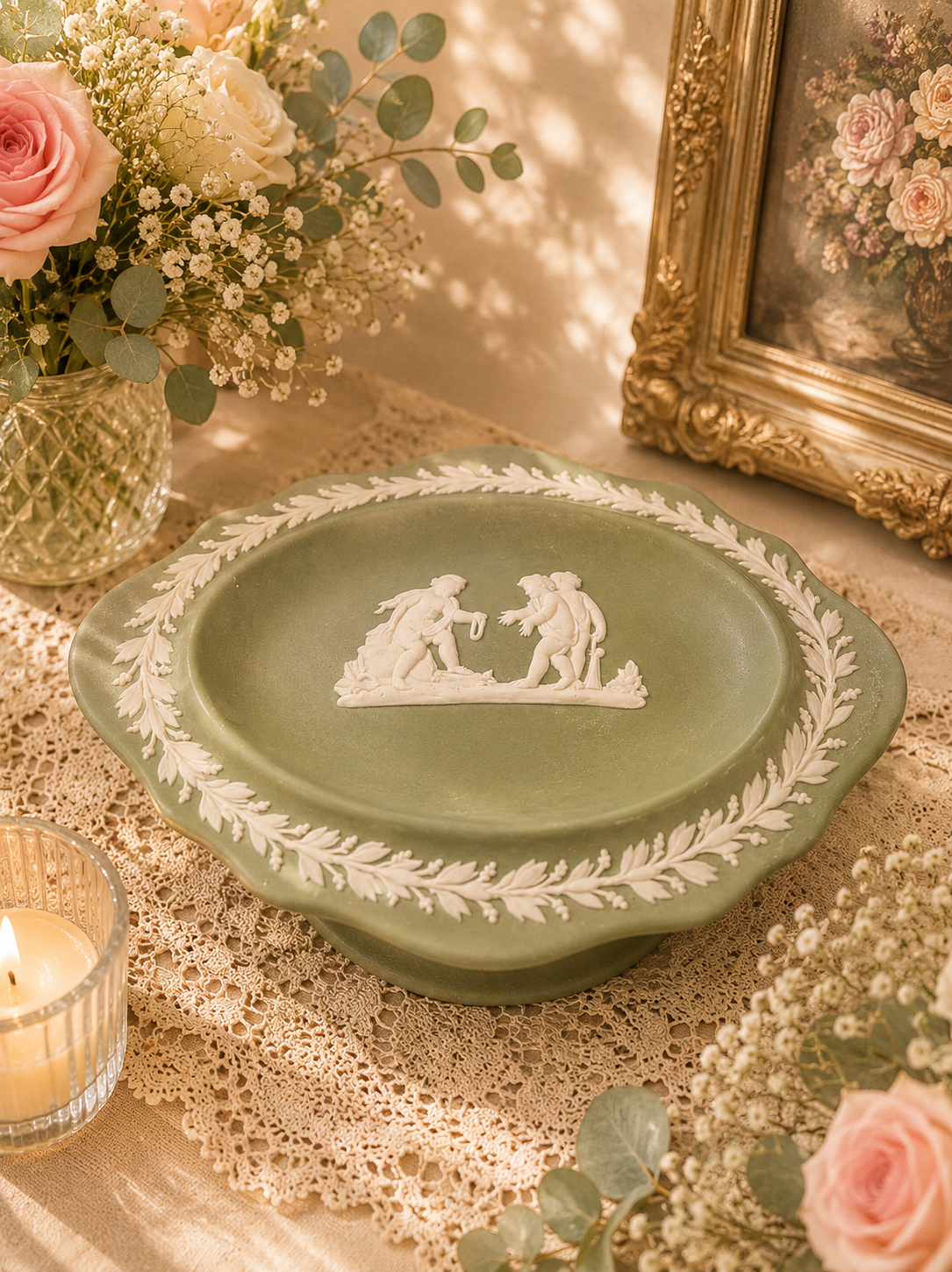 Vintage Wedgwood Sage Green Jasperware Lidded Trinket Dish