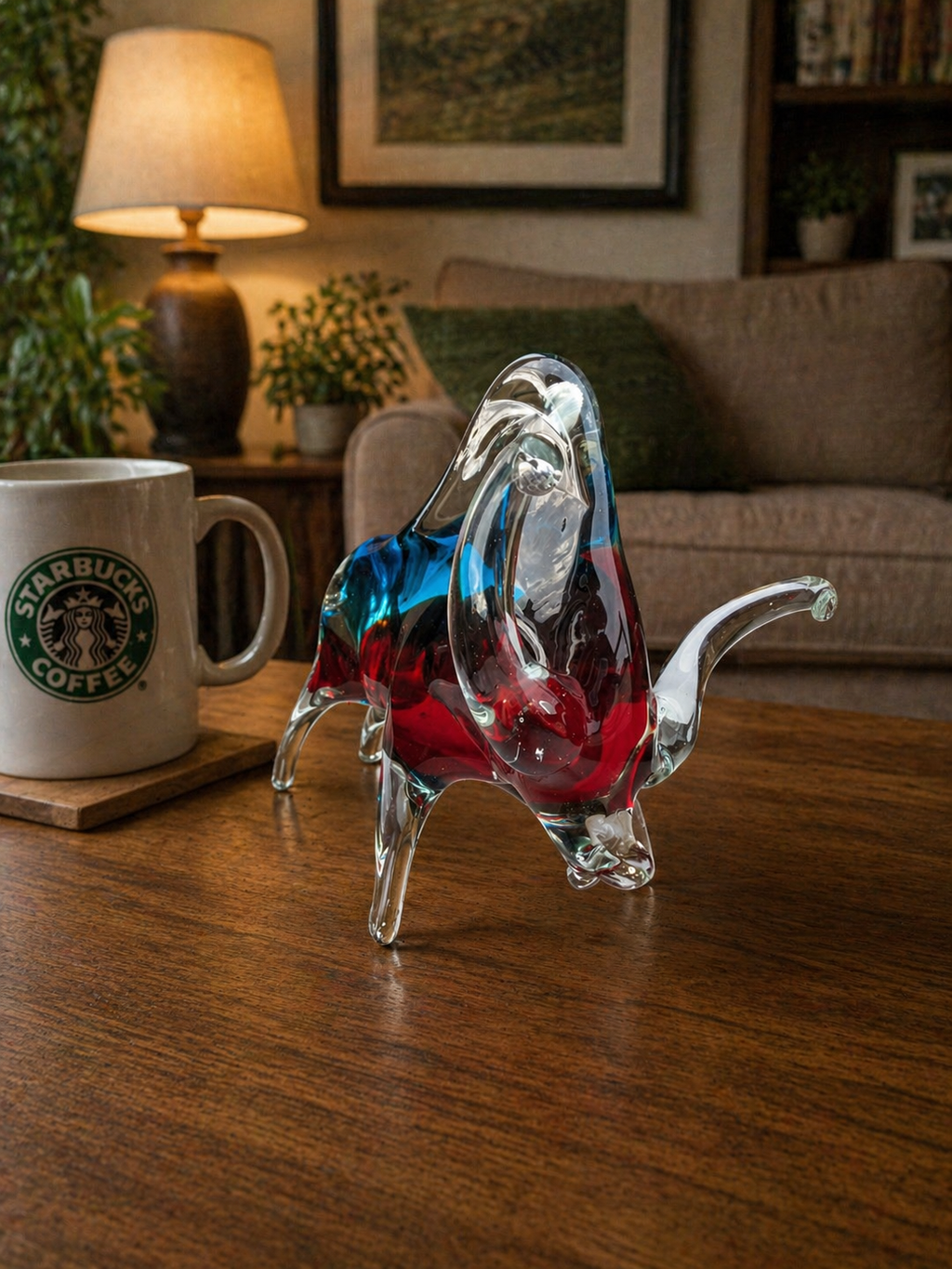 Large Murano Uranium Multicolour Art Glass Bull Figurine