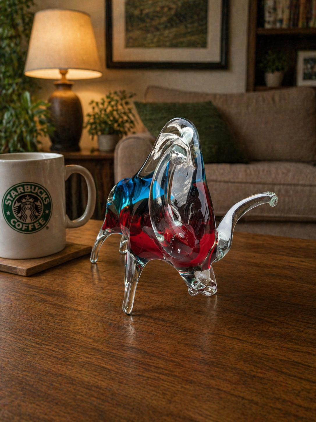Large Murano Uranium Multicolour Art Glass Bull Figurine