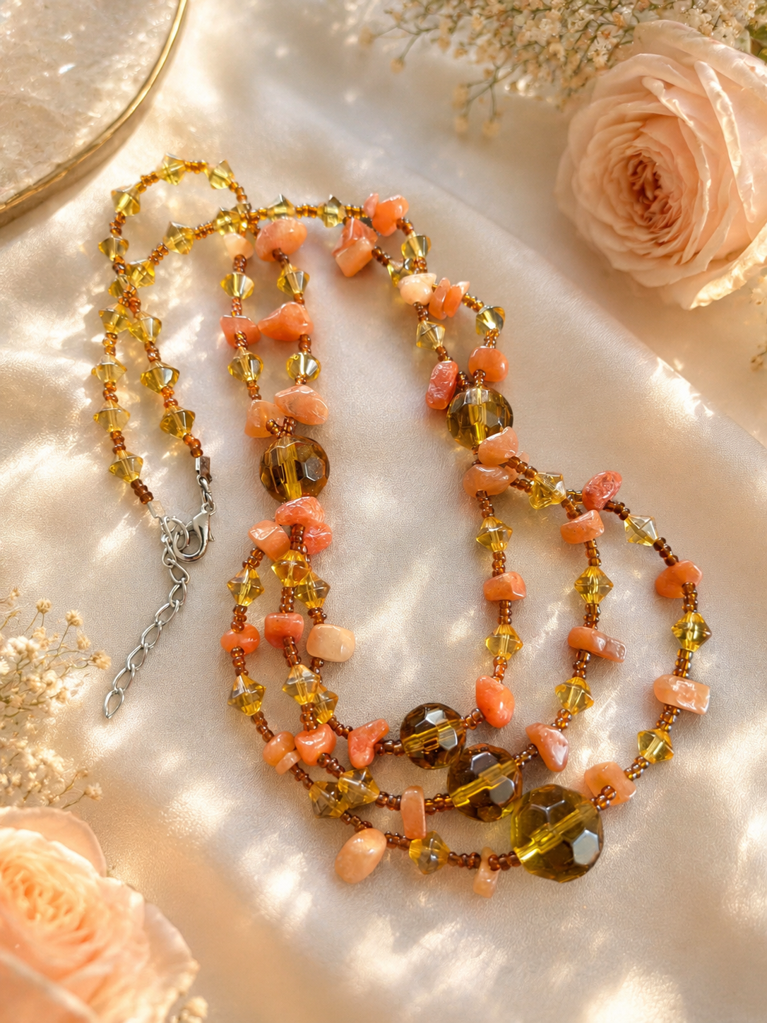 Vintage Style Amber Coral Multi Strand Beaded Necklace Boho Statement Jewellery