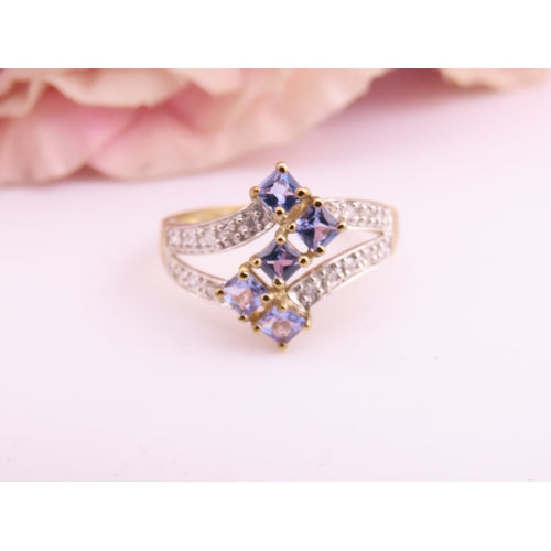 9ct Gold Tanzanite & Diamond Ring – Princess Cut Cluster – Size P½