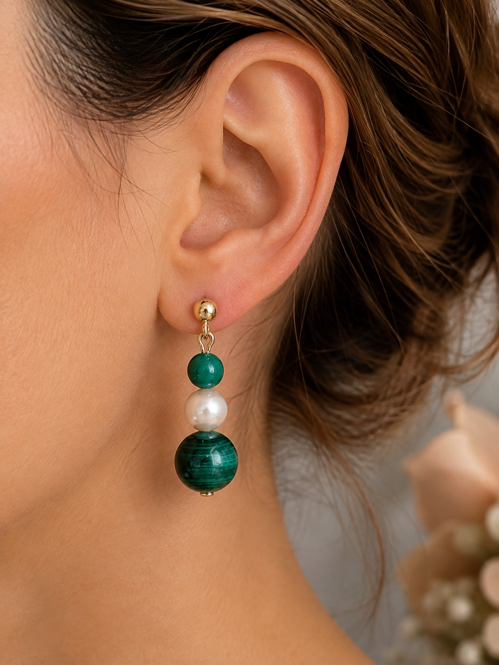 9ct Gold Malachite & Faux Pearl Drop Earrings