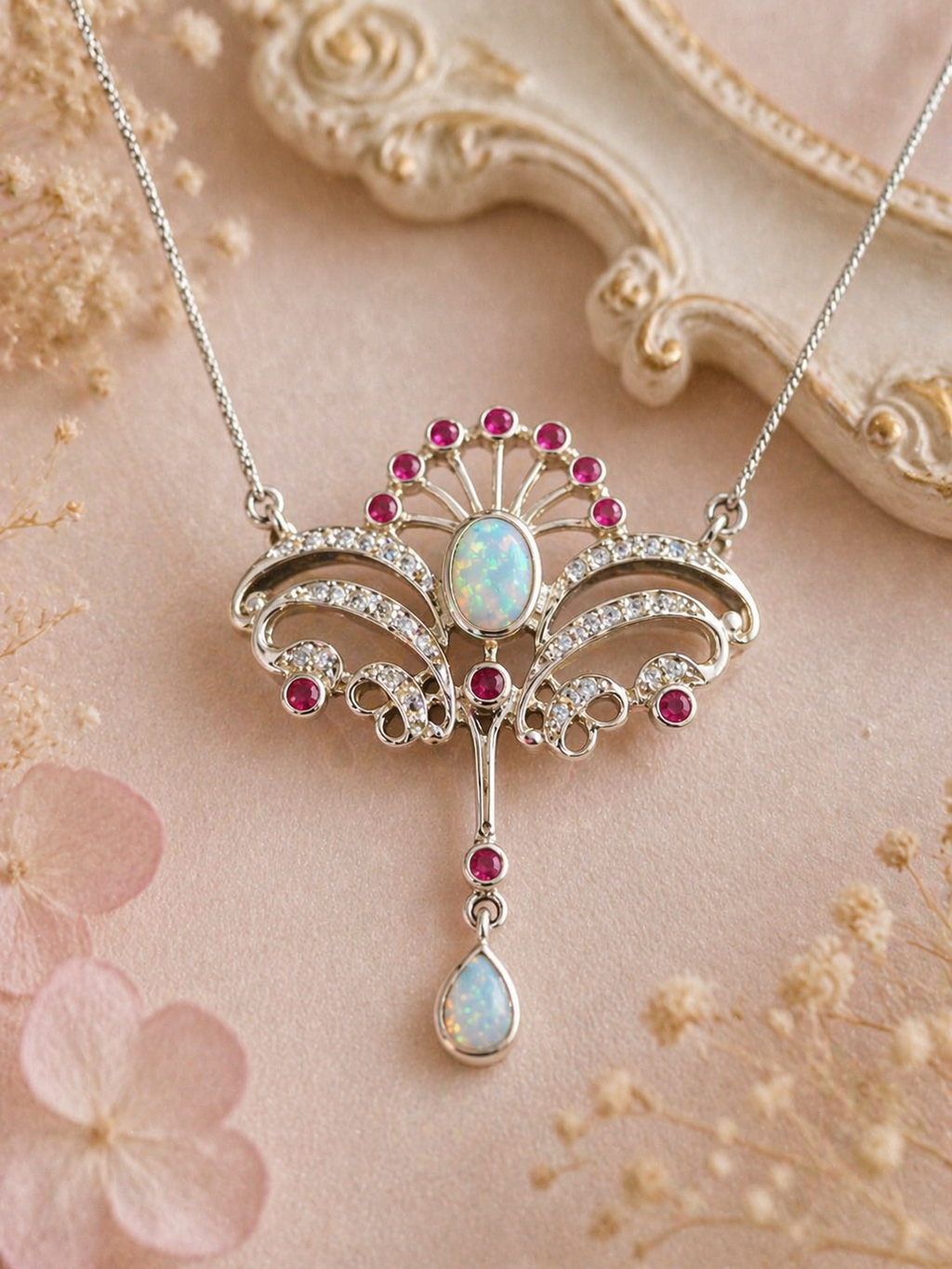 Art Nouveau Style Sterling Silver Opal and Ruby Style Statement Necklace