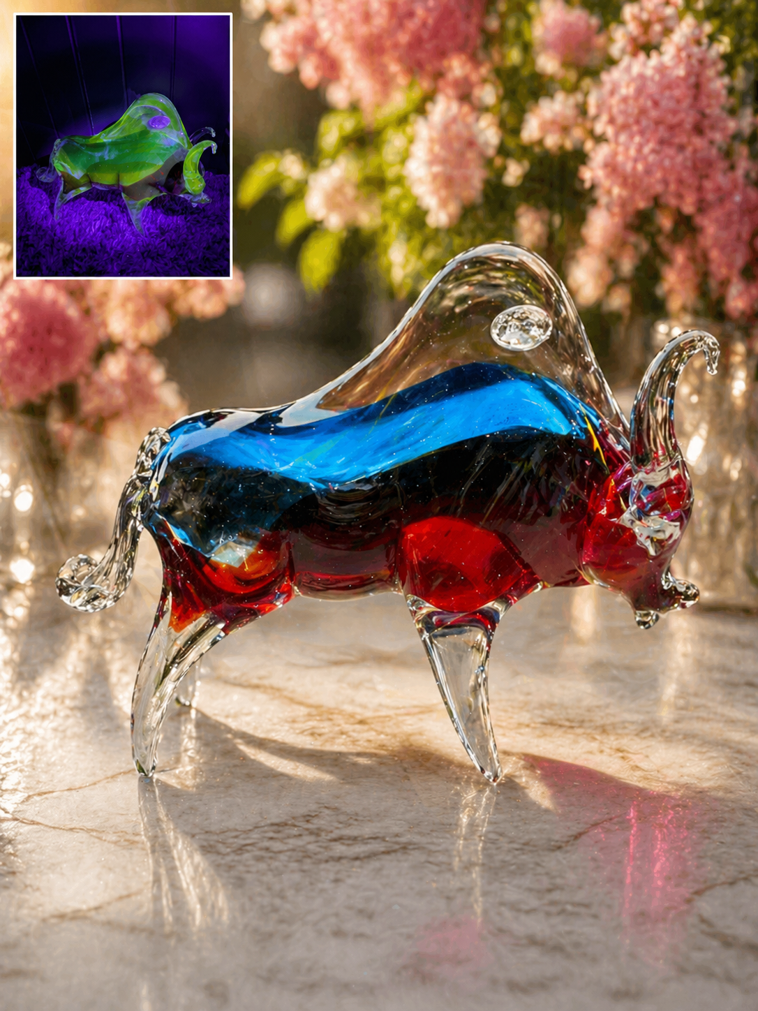 Large Murano Uranium Multicolour Art Glass Bull Figurine