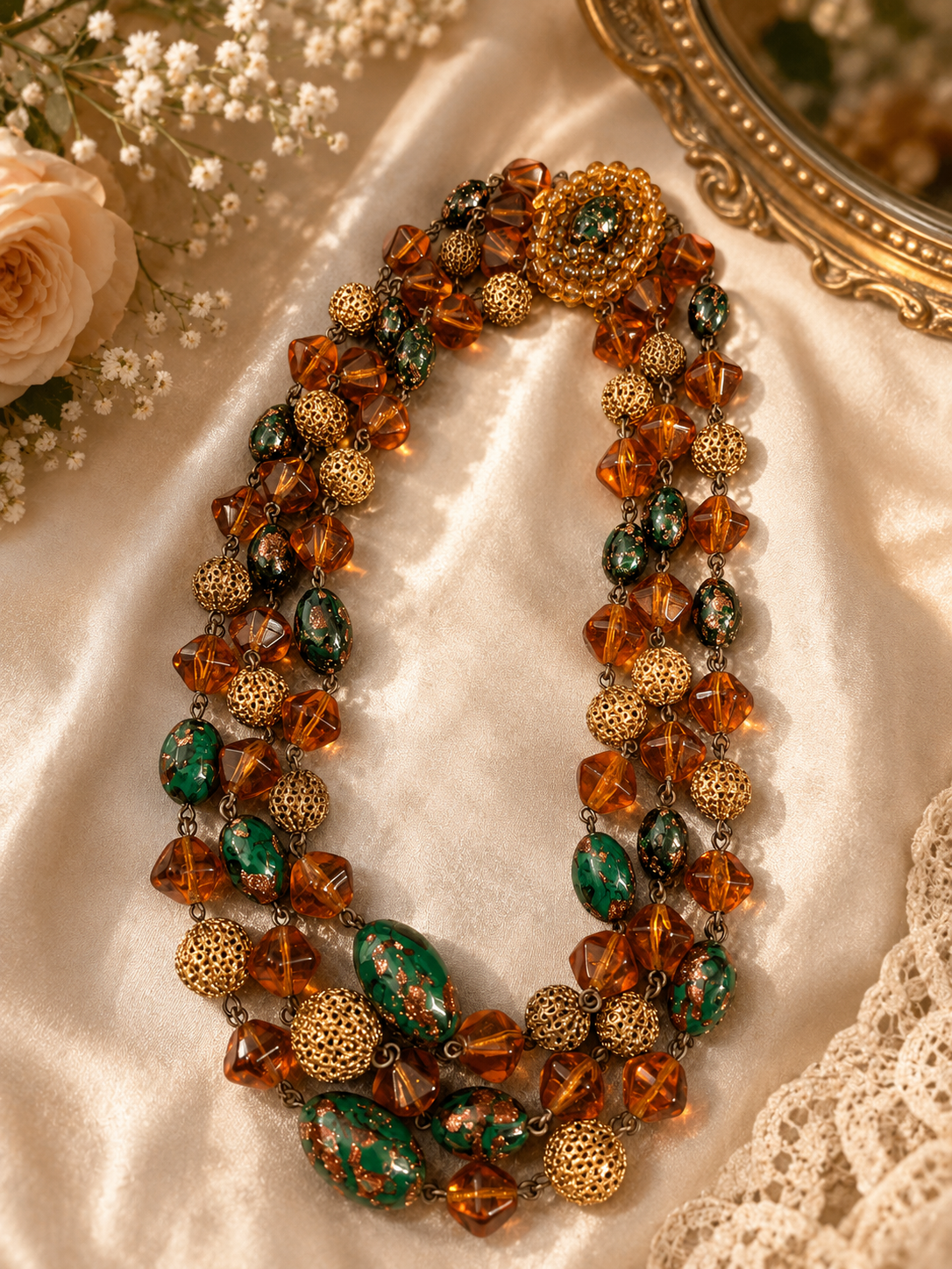 Amber and Green Art Glass Necklace