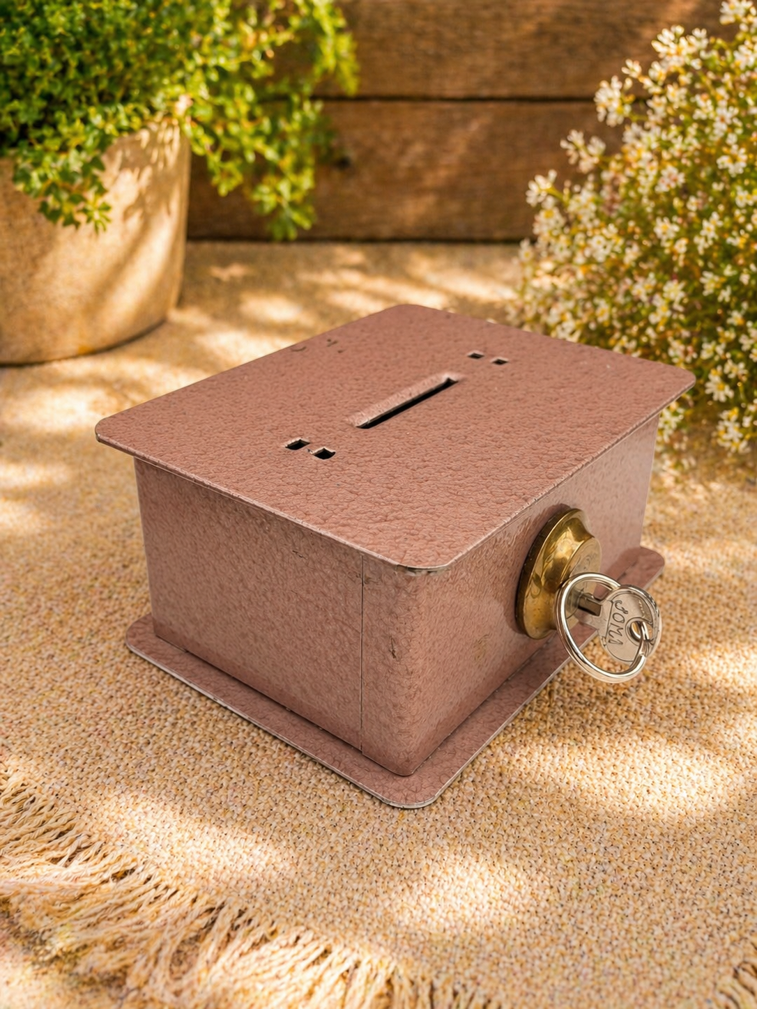 Vintage Pink Metal Cash Box with Key