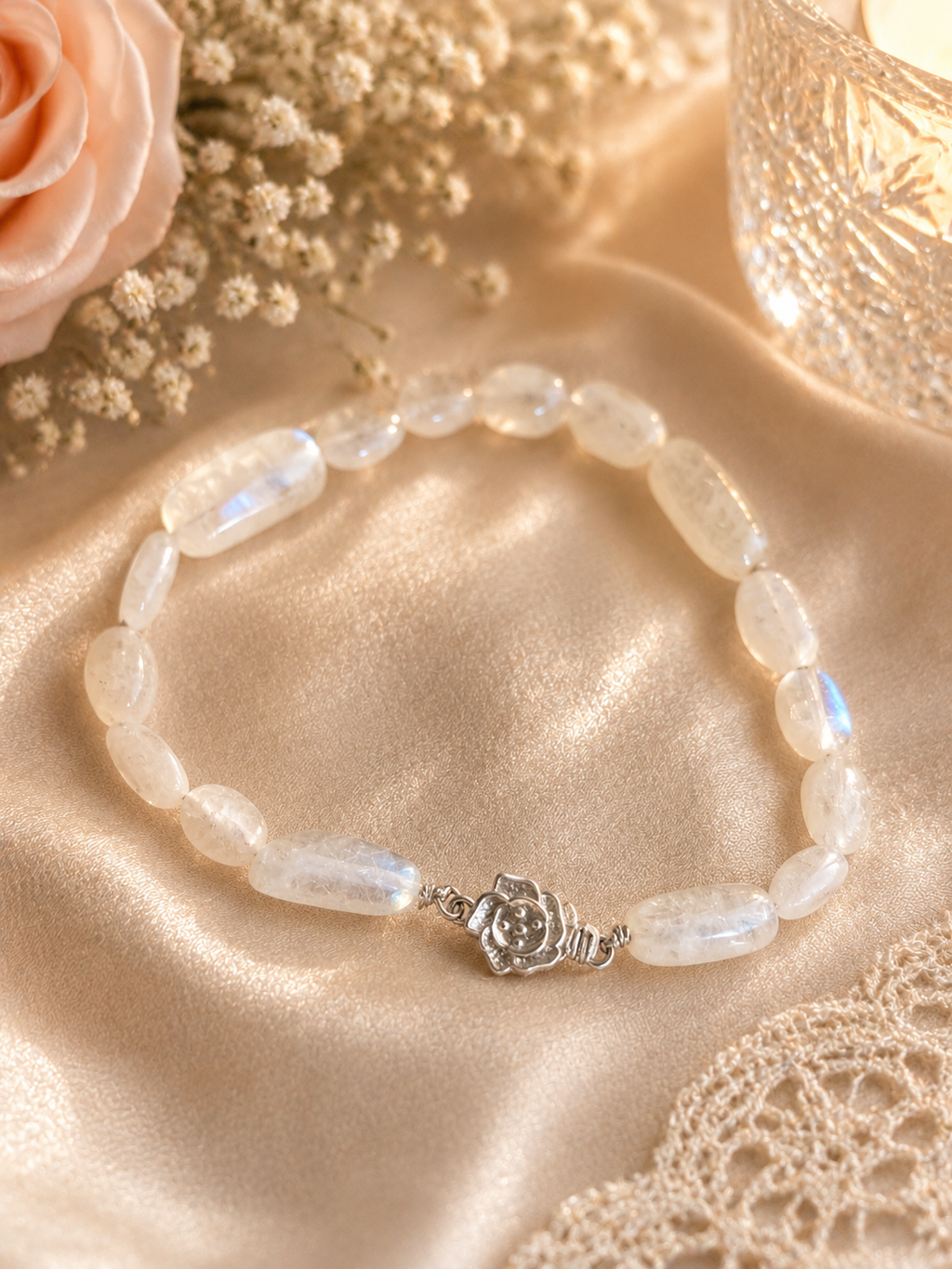 Moonstone Bead Bracelet with Sterling Silver Clasp