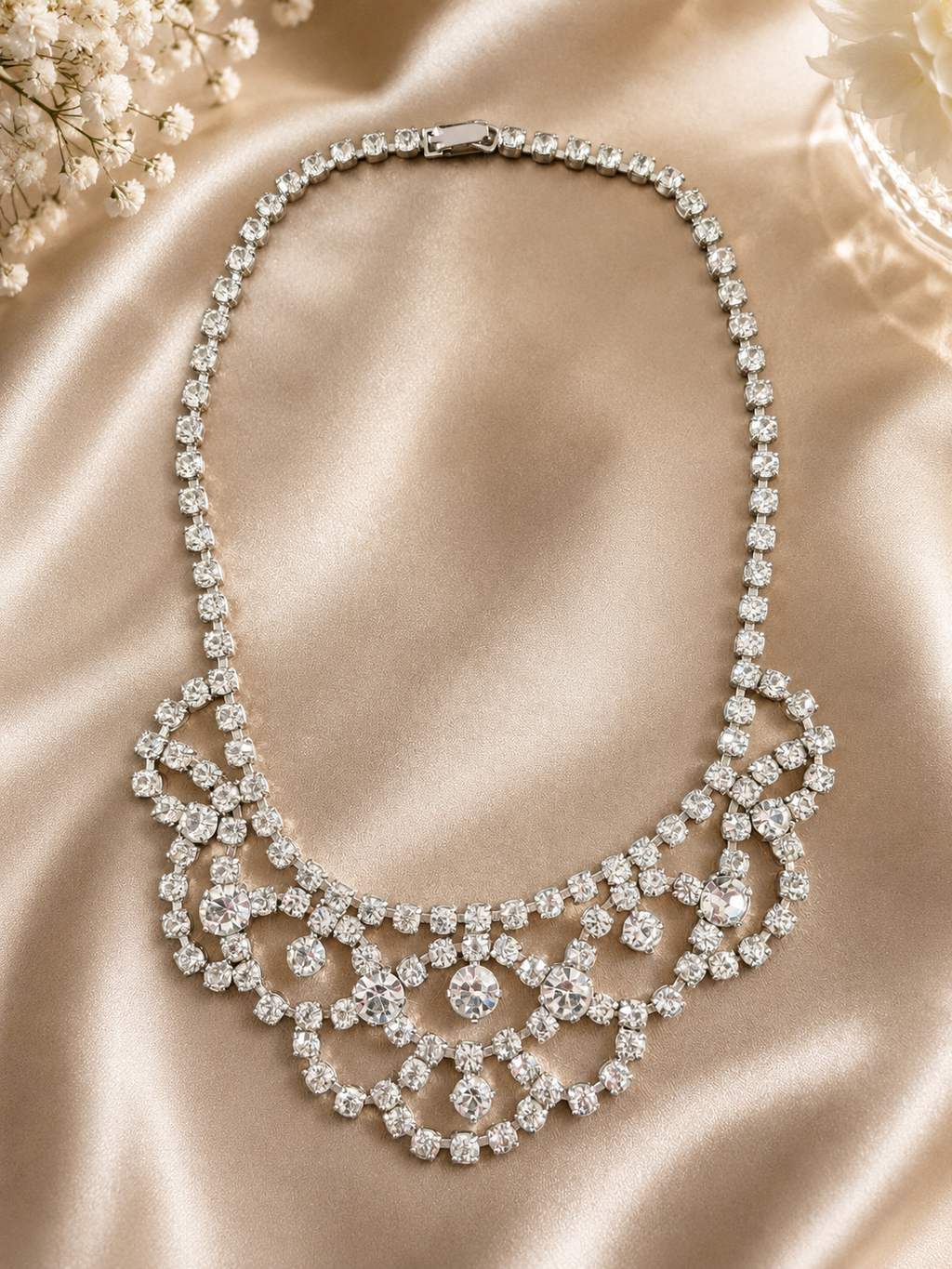 Silver Tone Rhinestone Bib Necklace
