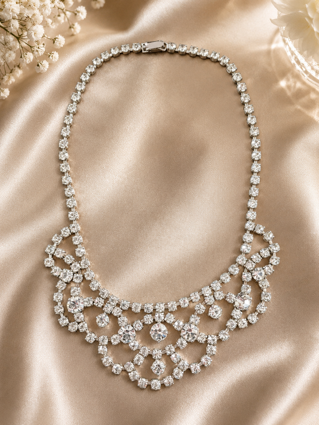 Silver Tone Rhinestone Bib Necklace