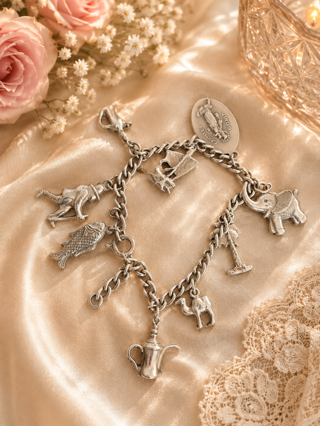 Vintage White Metal Multi Charm Bracelet