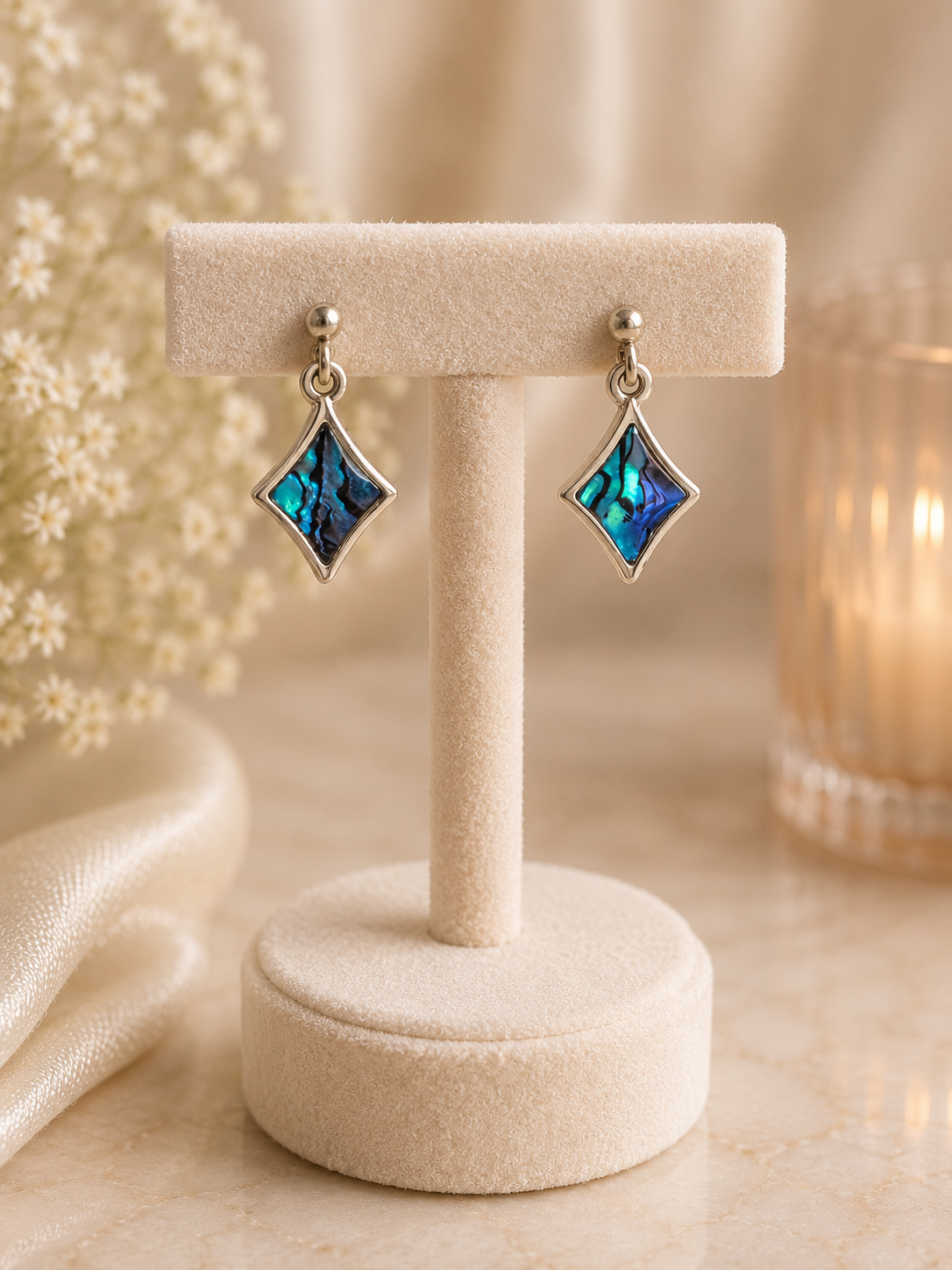 925 Silver Abalone Shell Diamond Drop Earrings