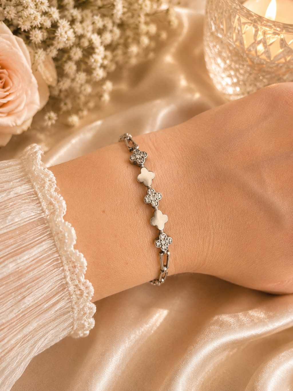 925 Sterling Silver Floral Link Bracelet