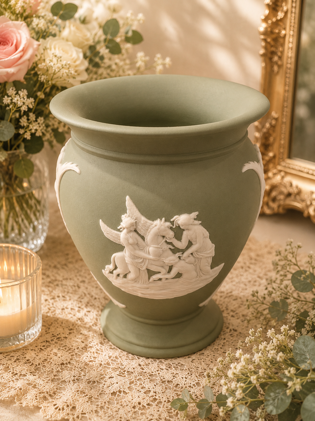 Vintage Wedgwood Sage Green Jasperware Classical Vase
