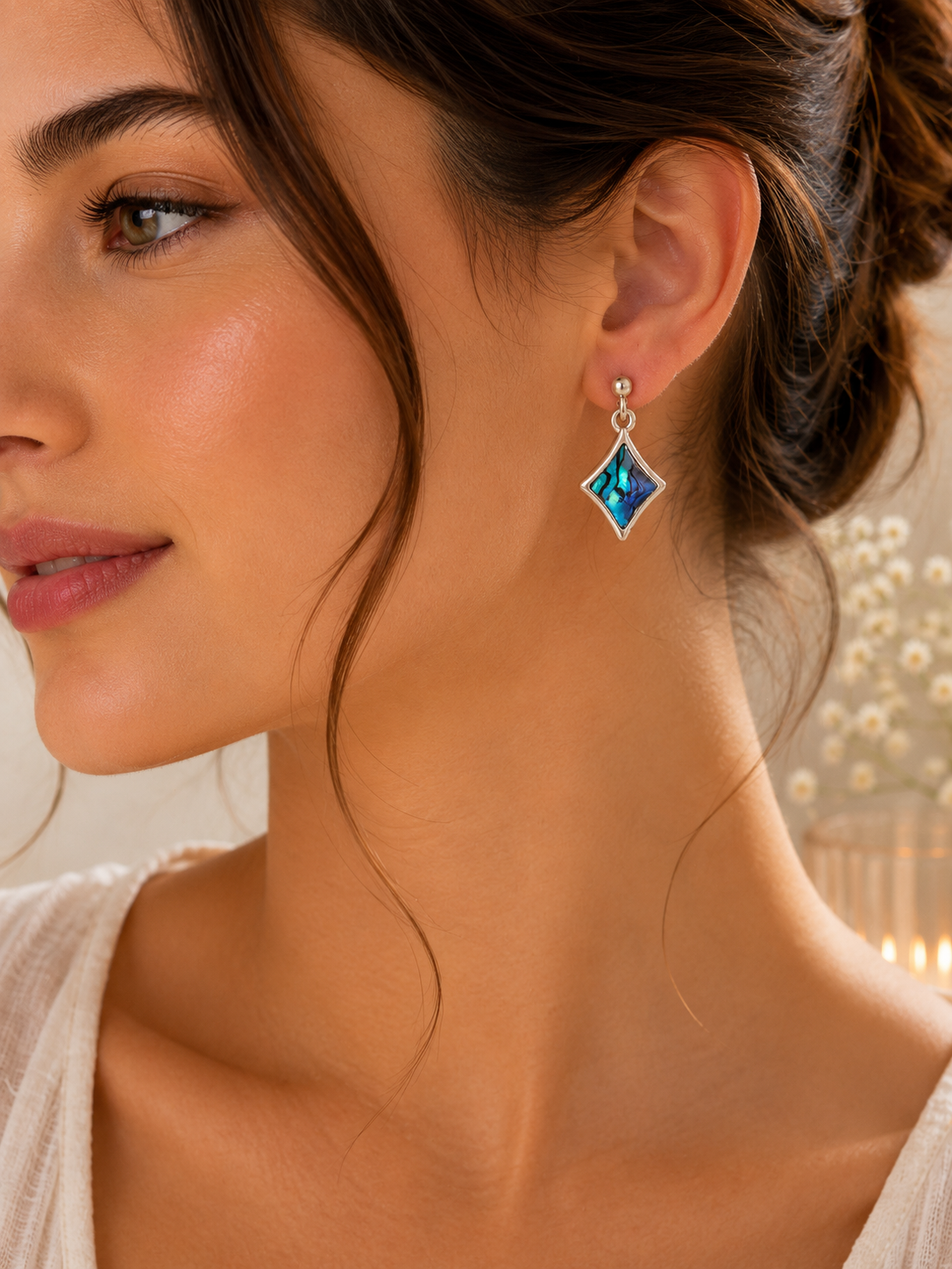 925 Silver Abalone Shell Diamond Drop Earrings
