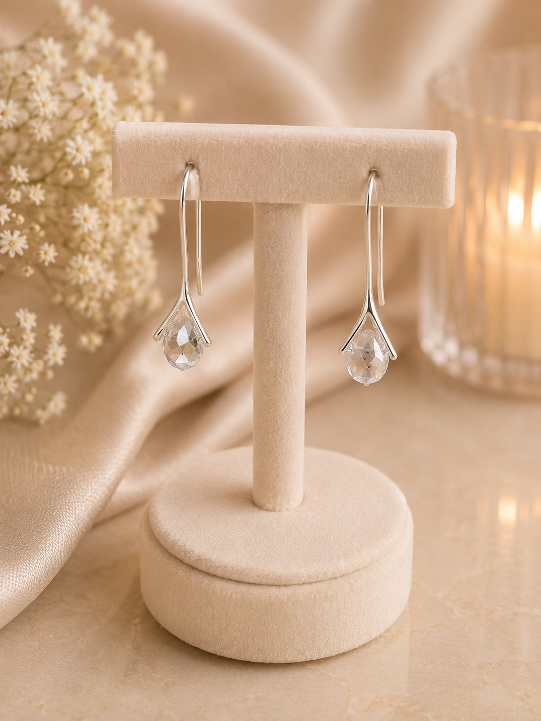 925 Silver Clear Crystal Teardrop Hook Earrings